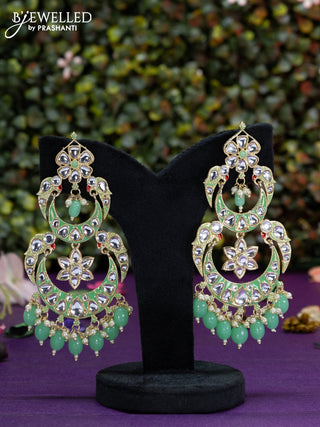 Fashion dangler chanbali teal green minakari earrings with kundan stones and beads hangings