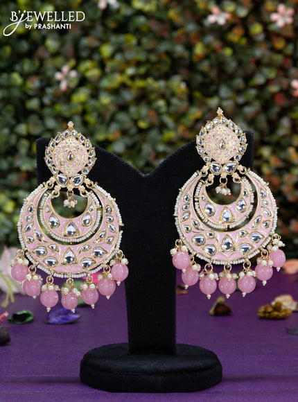 Fashion dangler chanbali baby pink minakari earrings with kundan stones and beads hangings