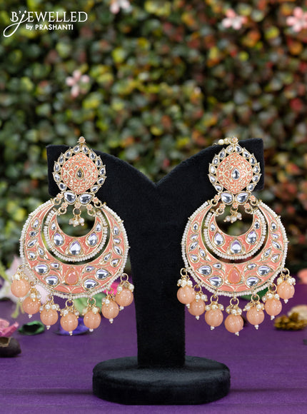 Fashion dangler chanbali peach minakari earrings with beads and pearl hangings