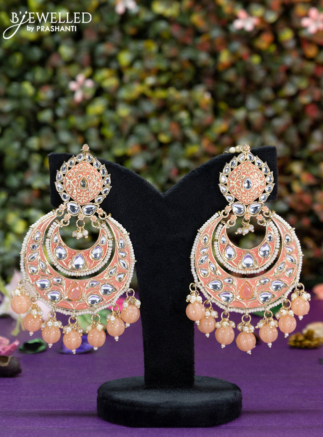 Fashion dangler chanbali peach minakari earrings with beads and pearl hangings