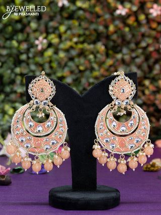 Fashion dangler chanbali peach minakari earrings with beads and pearl hangings