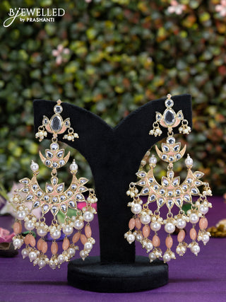 Fashion dangler chanbali peach minakari earrings with kundan stones and beads hangings