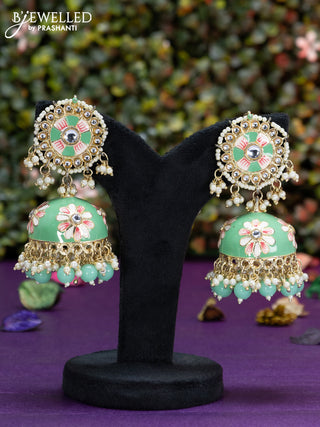 Fashion dangler teal green minakari jhumka with kundan stones and pearl hangings