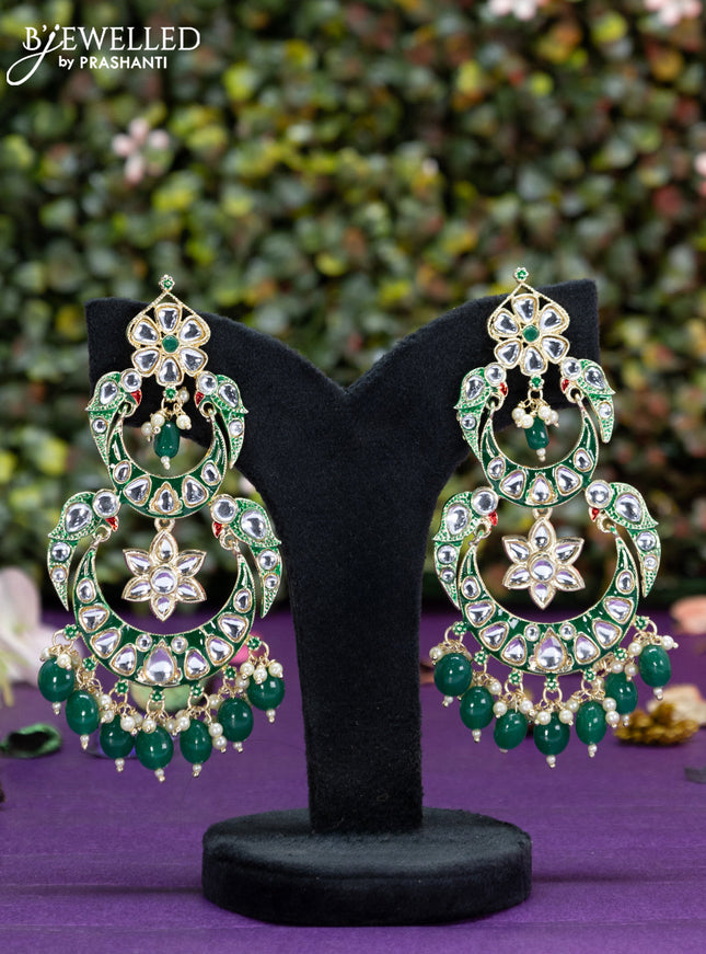 Fashion dangler chanbali green minakari earrings with kundan stones and beads hangings