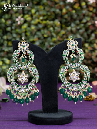 Fashion dangler chanbali green minakari earrings with kundan stones and beads hangings