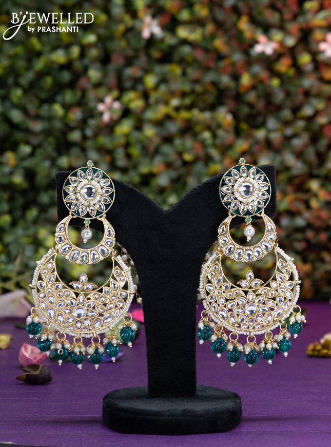 Fashion dangler chanbali teal green minakari earrings with kundan stones and beads hangings