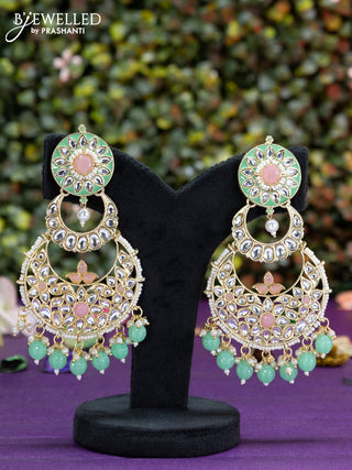 Fashion dangler chanbali teal green minakari earrings with kundan stones and beads hangings