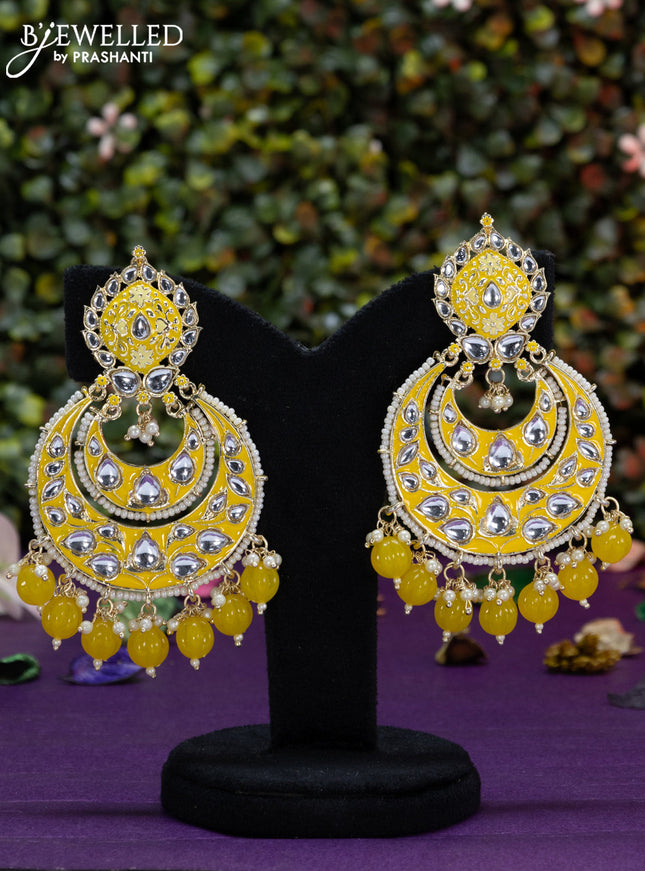 Fashion dangler chanbali yellow minakari earrings with kundan stones and beads hangings