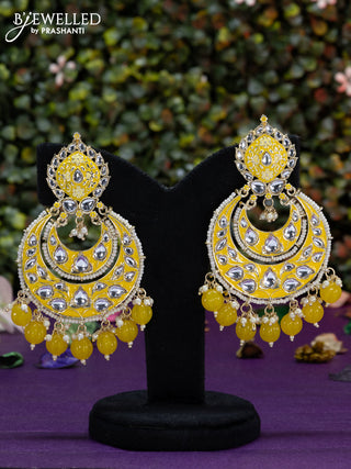 Fashion dangler chanbali yellow minakari earrings with kundan stones and beads hangings