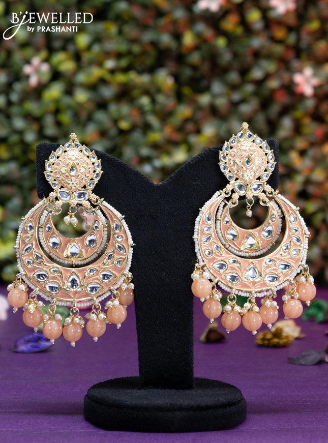Fashion dangler chanbali peach minakari earrings with kundan stones and beads hangings