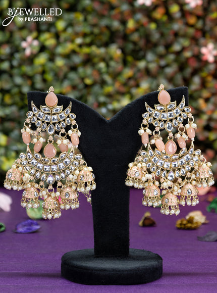 Fashion dangler chanbali peach minakari earrings with kundan stones and beads hangings