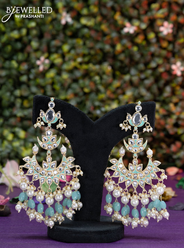 Fashion dangler teal blue minakari earrings with kundan stones beads hangings