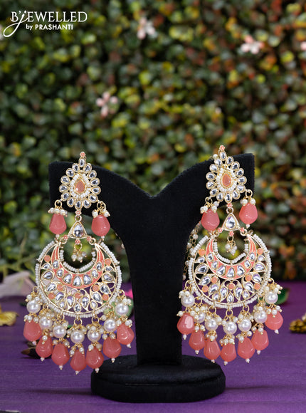 Fashion dangler chanbali peach minakari earrings with kundan stones and beads hangings