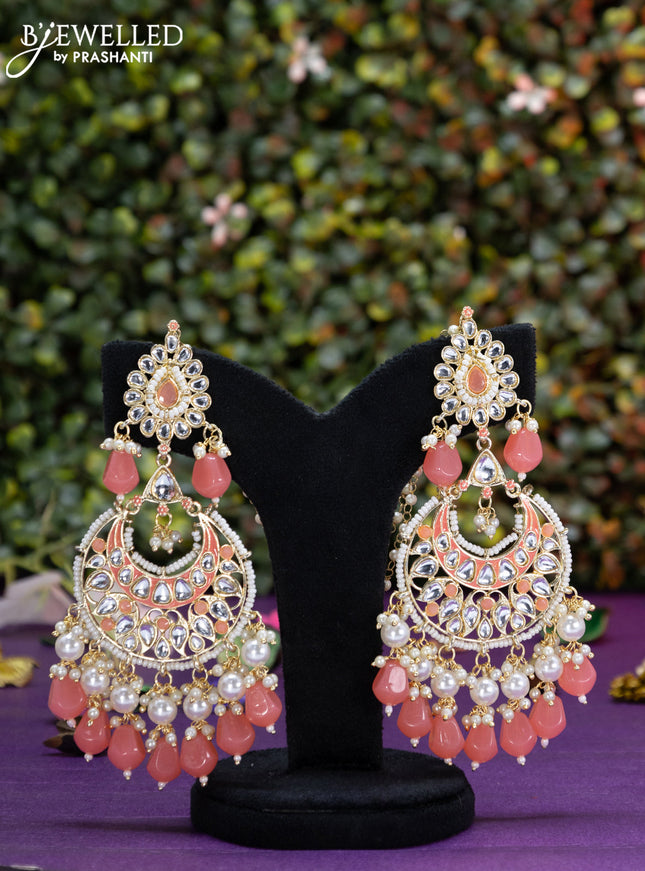 Fashion dangler chanbali peach minakari earrings with kundan stones and beads hangings