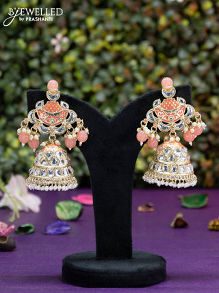 Fashion dangler peach minakari jhumka with kundan stones and pearl hangings
