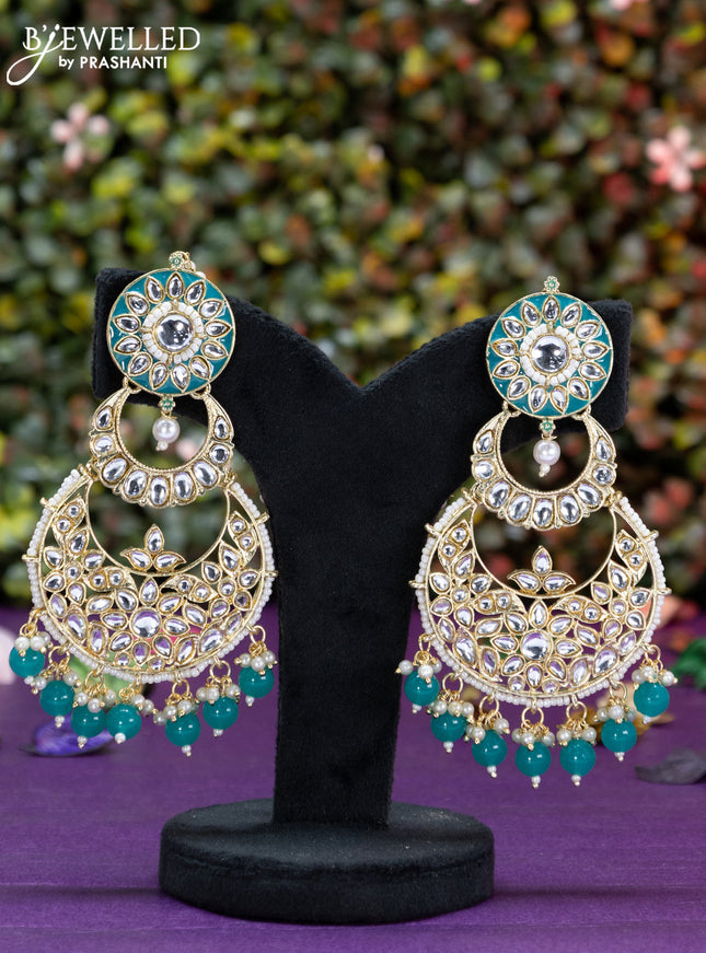Fashion dangler chanbali teal blue minakari earrings with kundan stones and beads hangings