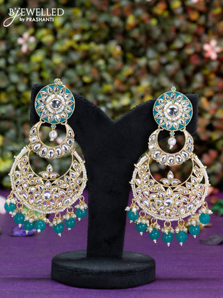 Fashion dangler chanbali teal blue minakari earrings with kundan stones and beads hangings
