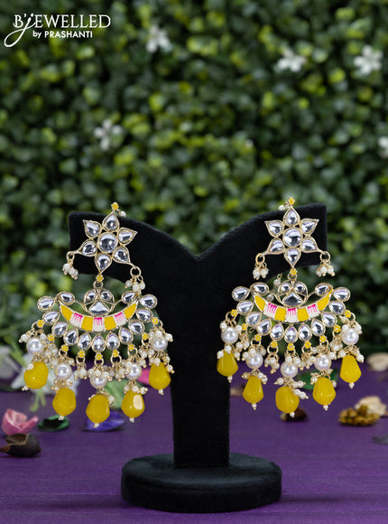 Fashion dangler chanbali yellow minakari earrings with kundan stones and beads hangings