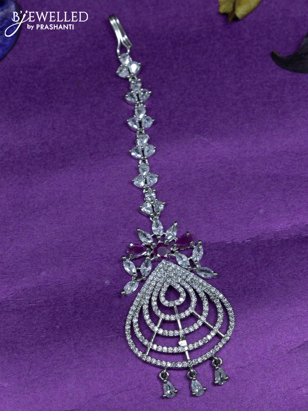 Zircon maang tikka with ruby & cz stones and hangings
