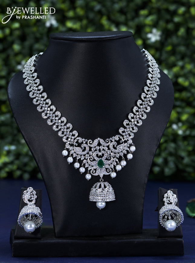 Zircon necklace peacock design with emerald & cz stones and pearl hangings