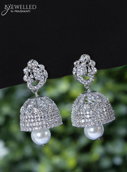 Zircon necklace peacock design with emerald & cz stones and pearl hangings