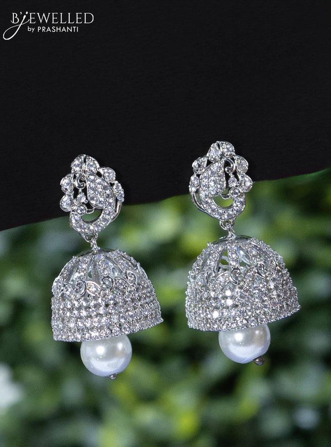 Zircon necklace peacock design with emerald & cz stones and pearl hangings