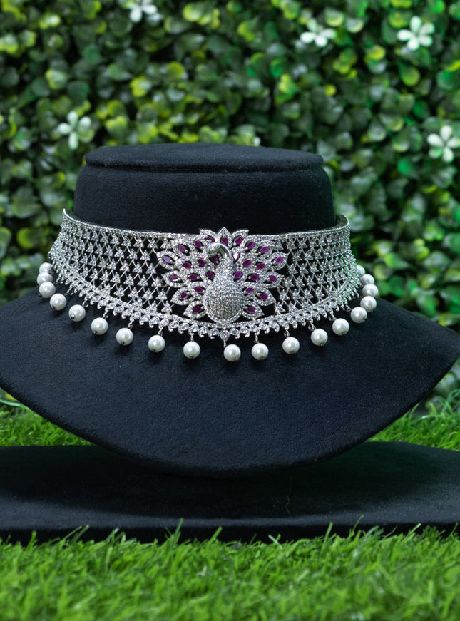 Zircon choker peacock design with ruby & cz stones and pearl hangings