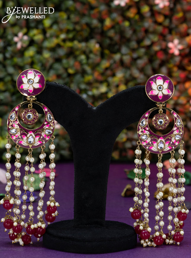 Fashion dangler chanbali pink minakari earrings with pearl hangings