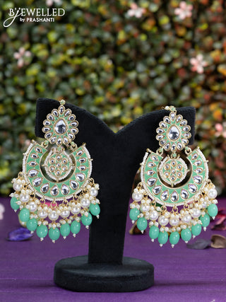 Fashion dangler chanbali teal green minakari earrings with kundan stones and beads hangings