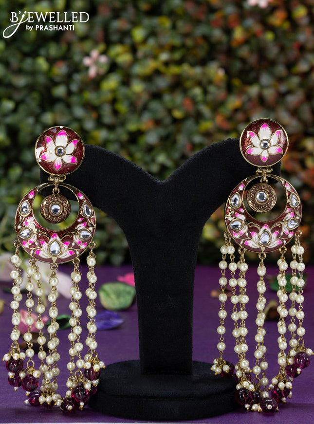 Fashion dangler chanbali maroon minakari earrings with pearl hangings