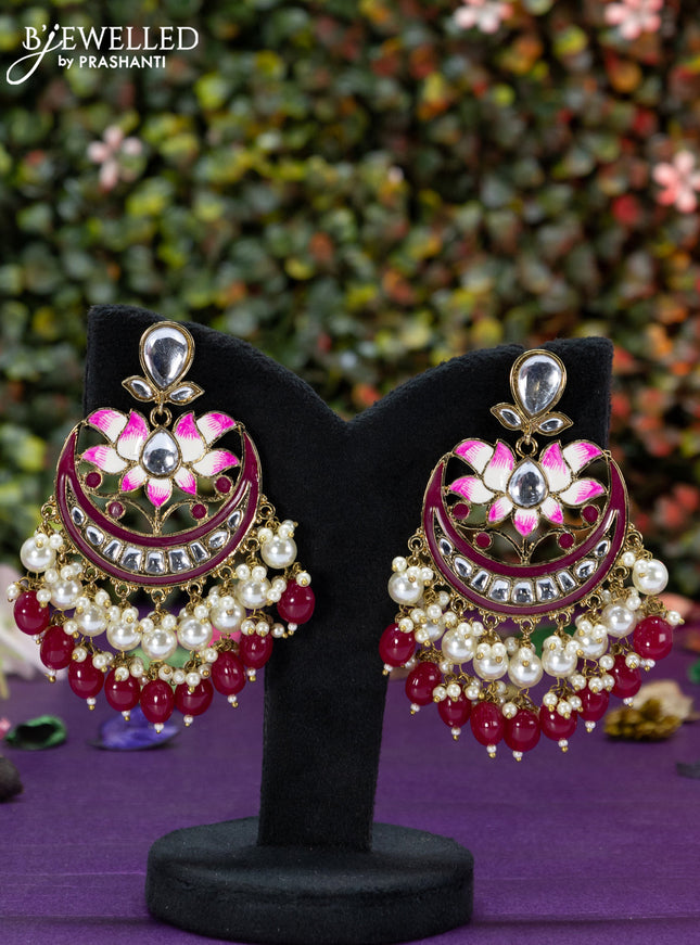 Fashion dangler chanbali pink minakari earrings with kundan pearl and beads hangings