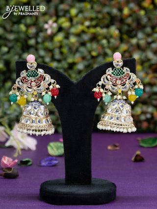 Fashion dangler multi colour minakari jhumka with kundan stones and pearl hangings