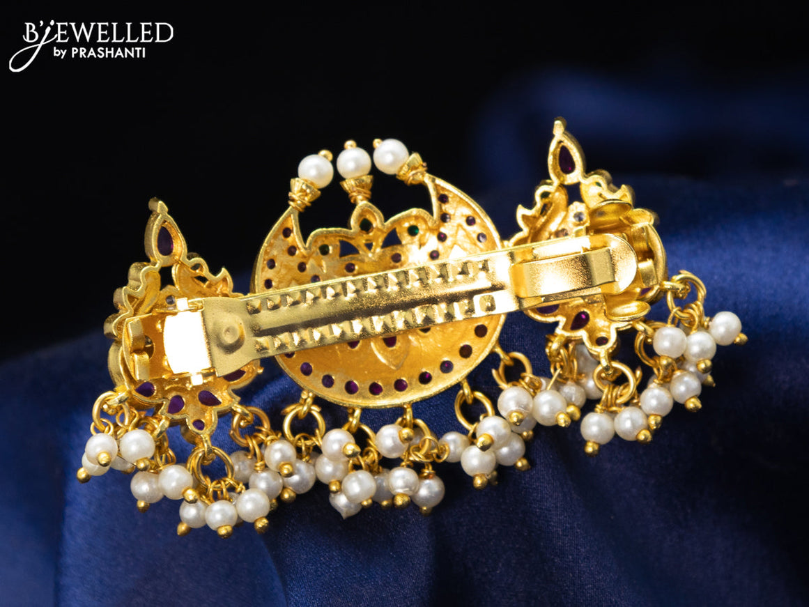 Antique hair clip small size chandbali design with kemp & cz stone and pearl hangings