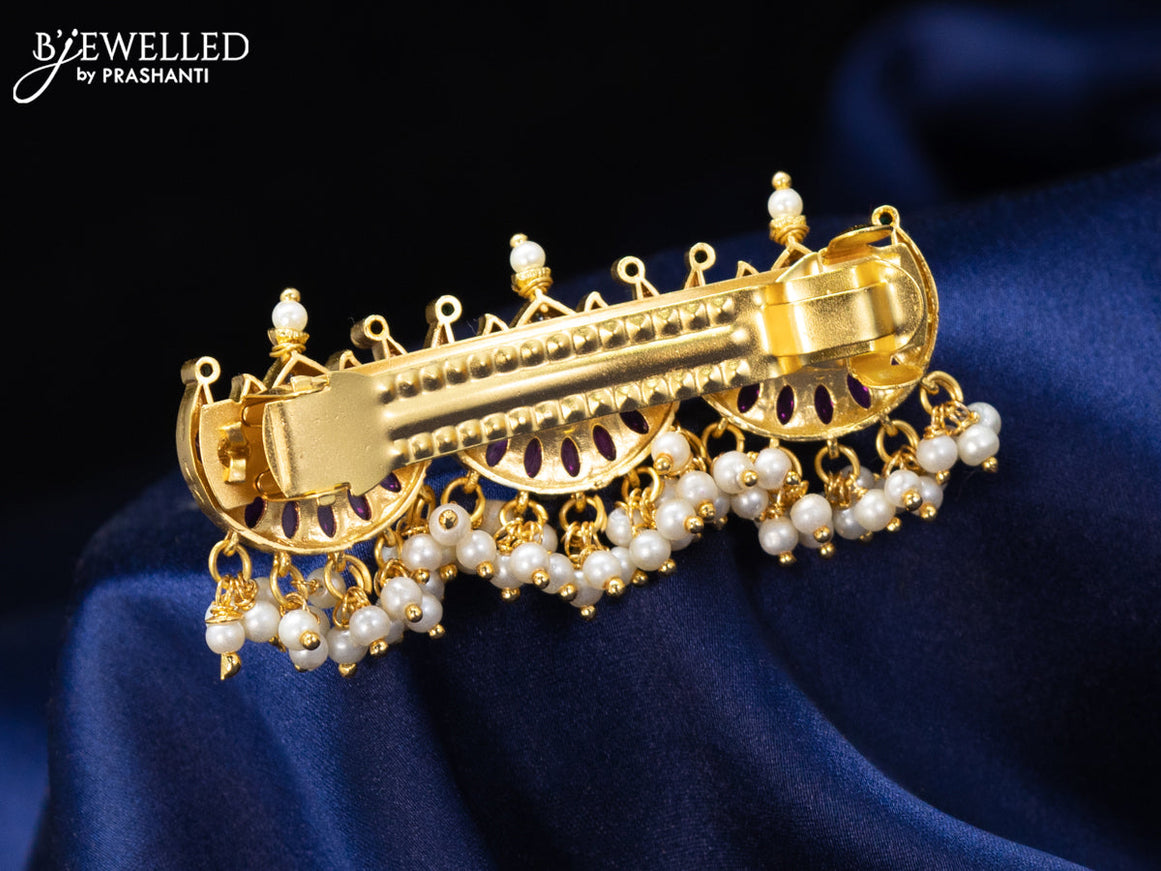 Antique hair clip medium size chandbali design with kemp & cz stone and pearl hangings