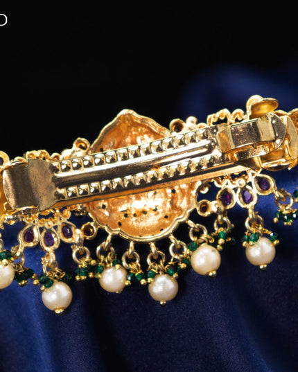 Antique hair clip medium size lakshmi design with kemp & cz stone and beads hanging
