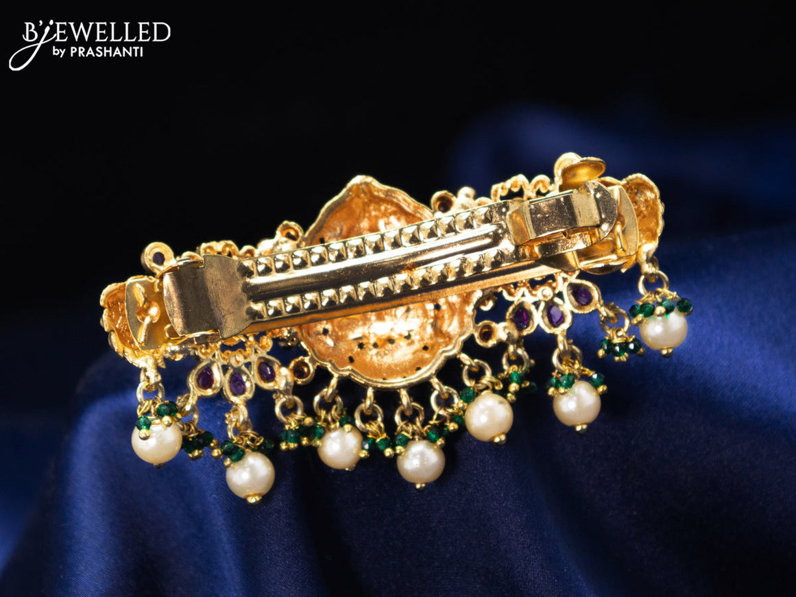 Antique hair clip medium size lakshmi design with kemp & cz stone and beads hanging