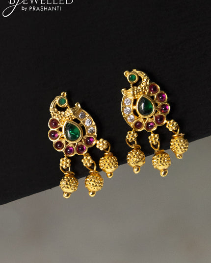 Antique earrings peacock design with kemp & cz stone and golden beads hanging