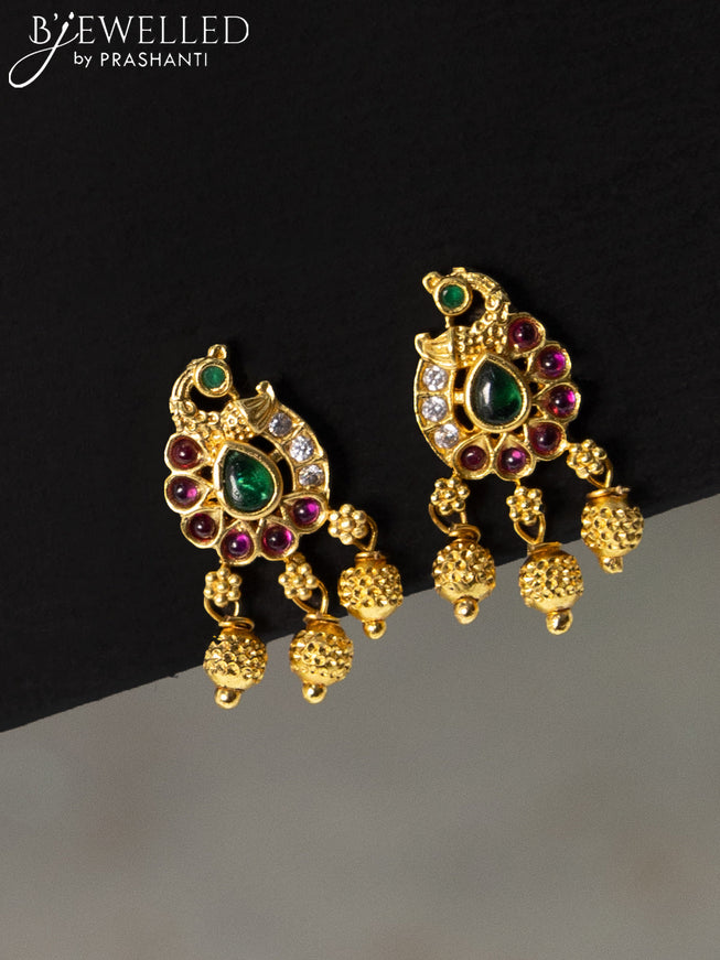 Antique earrings peacock design with kemp & cz stone and golden beads hanging