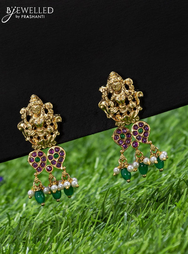 Black thread necklace with kemp stone lakshmi pendant and green beads hangings