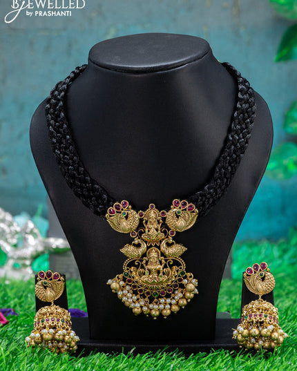 Black thread necklace with lakshmi design & kemp stone and beads hanging
