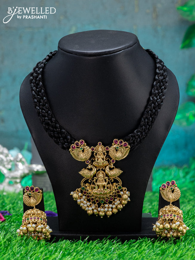 Black thread necklace with lakshmi design & kemp stone and beads hanging