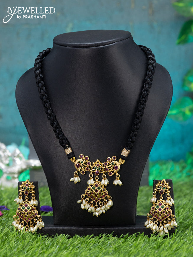 Black thread necklace with peacock design & kemp stone and pearl hangings