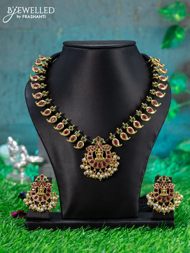 Black thread necklace with lakshmi design & manga pattern & kemp stone and pearl hangings