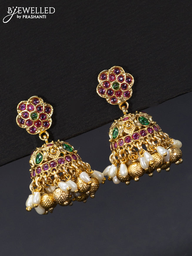 Antique jhumka peacock design with kemp stones and golden beads hangings