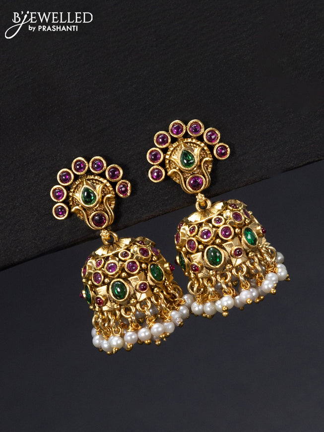 Antique jhumka with kemp stones and pearl hangings