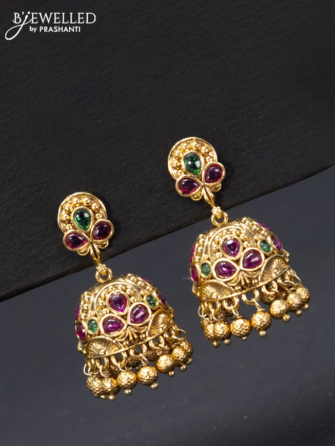 Antique jhumka floral design with kemp stones and golden beads hangings