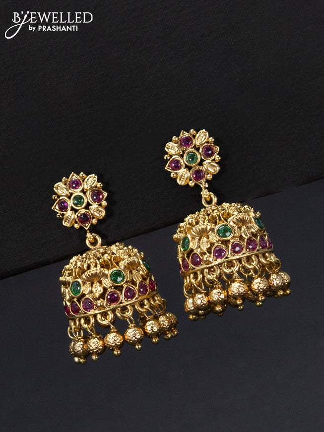 Antique jhumka lakshmi design with kemp stones and golden beads hangings