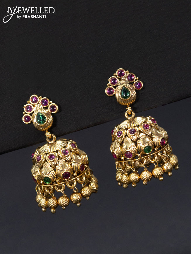Antique jhumka with kemp stones and golden beads hangings