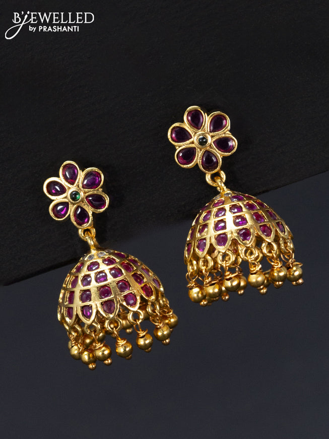 Antique jhumka floral design with kemp stones and golden beads hangings