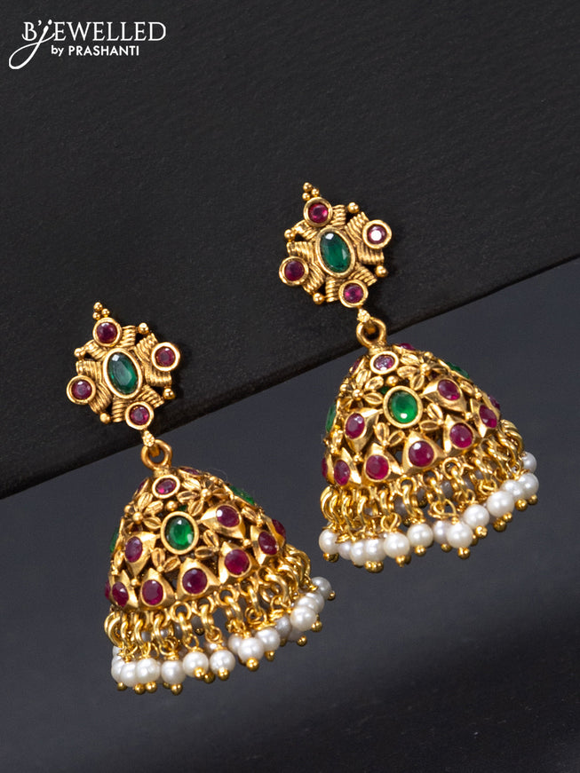 Antique jhumka floral design with kemp stones and pearl hangings